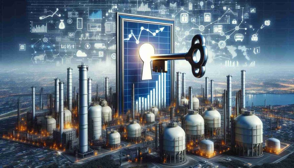 Generate a hyper-realistic and high-definition image that metaphorically represents the concept of 'Unlocking the Future', specifically in relation to the rising value of LNG (Liquefied Natural Gas) stock. Maybe show a rising graph or chart against the background of a future-oriented cityscape unlocked by a giant key, with symbols representing LNG like gas pipelines, storage tanks, or terminals subtly incorporated into the infrastructure.