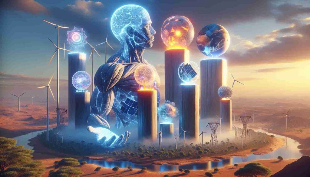 Realistic high-definition image of a metaphorical representation of Africa's major energy sources. The scene is illustrated as several colossal constructs that represent different types of energy: solar, wind, hydro, and fossil fuels. Also, embody the essence of investment discovery as glowing orbs of potential wealth orbiting these energy giants. The art style should resonate with the theme of unity and power. Please ensure that the biomes and environment reflect diverse African landscapes.