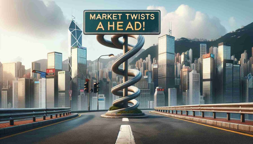 A high-definition, realistic image of a stock market metaphor representing uncertainty. The scene showcases a winding road sign next to a stock exchange building in the background, indicating 'Market Twists Ahead!'. The skyline is full of towering skyscrapers that depict the city of Hong Kong. The whole scenario represents the unpredictability and fluctuations in the Hong Kong stock market.