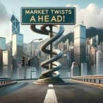 A high-definition, realistic image of a stock market metaphor representing uncertainty. The scene showcases a winding road sign next to a stock exchange building in the background, indicating 'Market Twists Ahead!'. The skyline is full of towering skyscrapers that depict the city of Hong Kong. The whole scenario represents the unpredictability and fluctuations in the Hong Kong stock market.