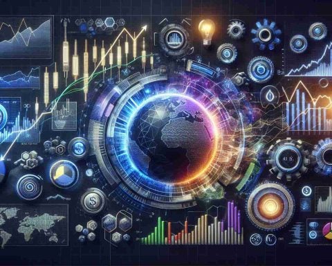 Generate a realistic HD photo representing the concept of a shifting stock market. Specifically, include elements such as fluctuating graphs, pie charts, stock tickers themed towards 'Enphase Energy'.