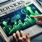 Create a realistic high-definition image of a financial newspaper headline that reads 'Tech Stocks: More Surges Coming in 2025? Two Must-Have Picks'. Include two highlighted stock symbols on a digital stock market display screen, showing green up arrows indicating growth.