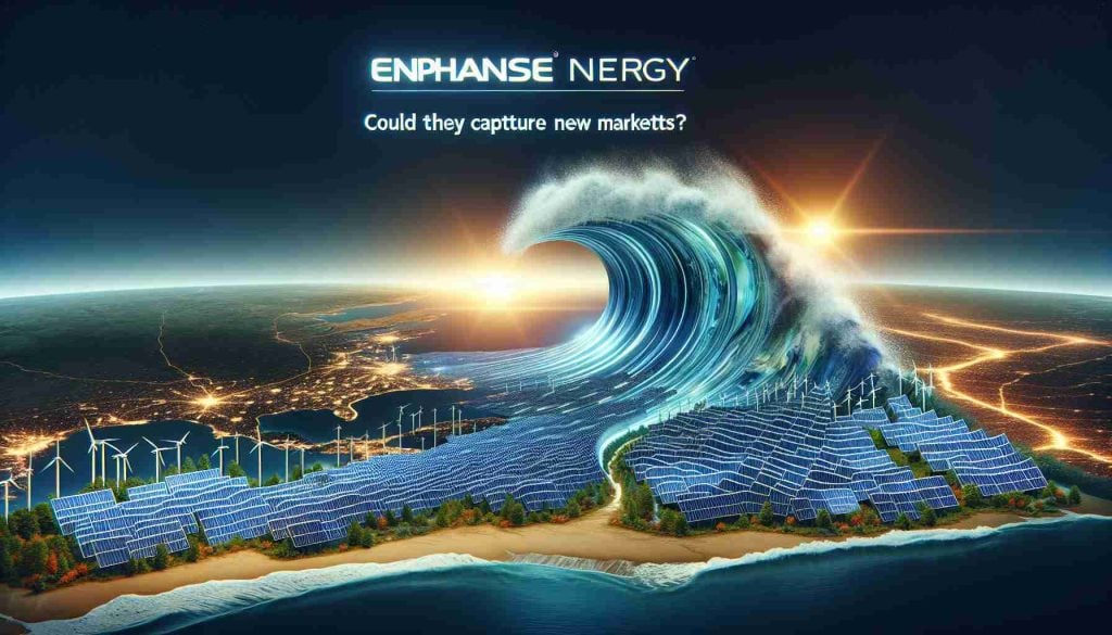 Generate a realistic, high-definition image of a solar energy wave metaphorically depicting Enphase Energy's growth and expansion. The scene should feature solar panels rippling like a wave across a diverse landscape, with some areas geographically representing potential new markets. Also, include text within the image that reads 'Enphase Energy: Could They Capture New Markets?'.