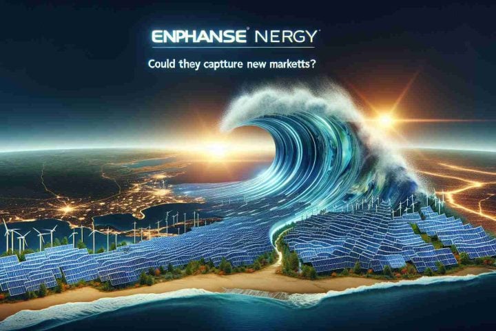 Generate a realistic, high-definition image of a solar energy wave metaphorically depicting Enphase Energy's growth and expansion. The scene should feature solar panels rippling like a wave across a diverse landscape, with some areas geographically representing potential new markets. Also, include text within the image that reads 'Enphase Energy: Could They Capture New Markets?'.