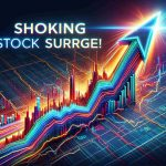 Create a highly detailed and realistic image of a stock market graph with a text overlay that reads 'Shocking Stock Surge!'. Showcase an arrow skyrocketing upwards to depict a major tech company experiencing a significant increase in their stock value, suggesting that it could keep soaring in the future. Use vibrant colors to highlight the dramatic change and evoke a sense of surprise and excitement.