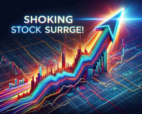 Create a highly detailed and realistic image of a stock market graph with a text overlay that reads 'Shocking Stock Surge!'. Showcase an arrow skyrocketing upwards to depict a major tech company experiencing a significant increase in their stock value, suggesting that it could keep soaring in the future. Use vibrant colors to highlight the dramatic change and evoke a sense of surprise and excitement.