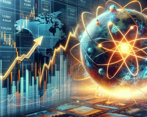 Generate an image displaying the concept of a surge in uranium stocks in high definition. The image should visually represent the upward trend of stocks related to uranium, perhaps with a detailed image of a stock market chart showing an upward curve. Additionally, depict the concept of 'going nuclear', possibly with symbols or representations of nuclear energy, like an atom or a nuclear power plant, all captured in a realistic style.