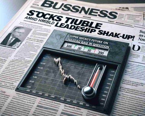 A realistic High Definition image representing the headline 'Stocks Tumble Amid Leadership Shake-Up!' with a visual of sinking stocks on a graph. The second headline reads, 'Super Micro's Future on Nasdaq in Question.' alongside an uncertainty meter whose needle is hovering into the region of unsure. Both headlines should appear in bold print on a newspaper page, with background showing business sections and articles.