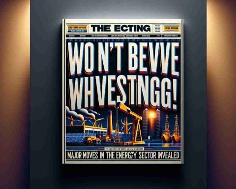 Realistic high-definition image of a dramatic headline that reads, 'You Won't Believe Who's Investing! Major Moves in the Energy Sector Unveiled.' Visual elements should include bold typography, eye-catching graphics related to the energy sector such as wind turbines, solar panels, and oil rigs, and color accents to highlight the dramatic nature of the news.