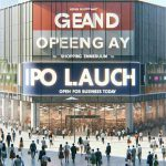 A realistic, high definition image focusing on the concept of a grand opening day for a large generic shopping mart. The name of the retail place is 'Mega Shopping Emporium.' It is a bustling scene filled with shoppers, all eager to explore the latest deals and discounts. There's an oversized banner with text 'IPO launch - Open for Business Today', suggesting the store's recent inception and availability of shares for the public to invest. The atmosphere exudes excitement and anticipation.