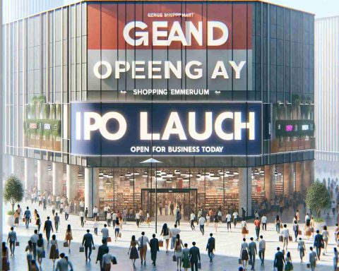 A realistic, high definition image focusing on the concept of a grand opening day for a large generic shopping mart. The name of the retail place is 'Mega Shopping Emporium.' It is a bustling scene filled with shoppers, all eager to explore the latest deals and discounts. There's an oversized banner with text 'IPO launch - Open for Business Today', suggesting the store's recent inception and availability of shares for the public to invest. The atmosphere exudes excitement and anticipation.