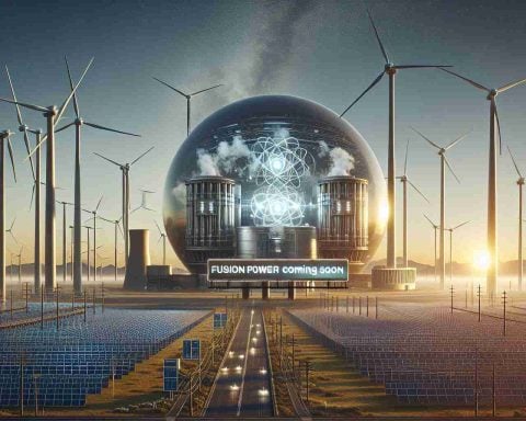 Realistic high-definition image of a future clean energy landscape, powered by fusion energy. Visualize towering turbines harnessing wind power, rows of solar panels stretching into the horizon, and a large spherical building in the center representing a fusion power plant. Include a backdrop of clear blue skies, symbolizing the absence of pollution. Above the scene, add a futuristic billboard with bright, bold letters reading 'Fusion Power Coming Soon'. The billboard stands as a beacon of hope for this new era.