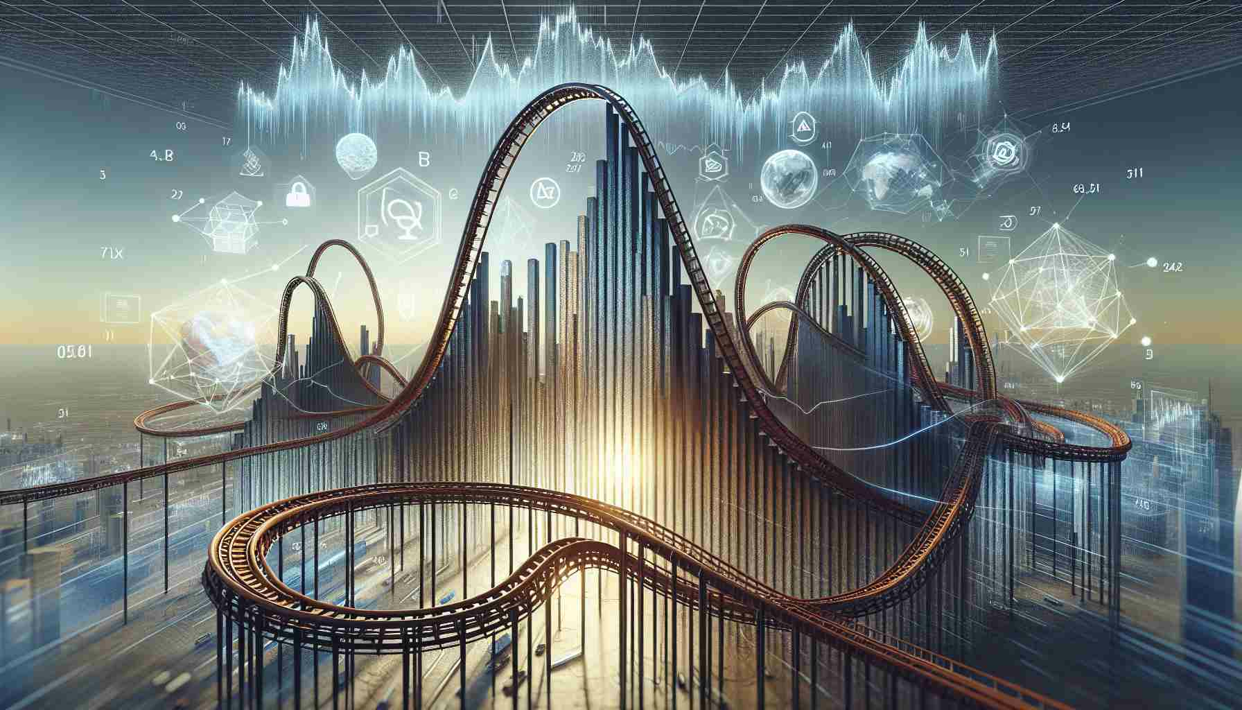A realistic high-definition image representing a conceptual rollercoaster, with the track resembling the ups and downs of the stock market. Interspersed around the rollercoaster are various abstract symbols signifying the influence of technology giants, suggesting their readiness to assert dominance in the market. Please include a dynamic scene filled with highs and lows, twists and turns indicative of a volatile stock market. Do not include any specific company logos or identifiable marks.
