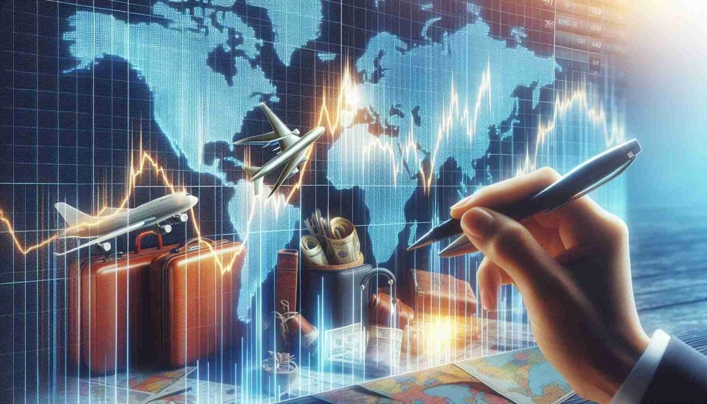 A high-definition, realistic image visualizing a significant shift happening for a stock of an unspecified company in the travel industry. Show a graph with fluctuating stock market prices, with a noticeable sharp trend change. Include elements representing the travel industry, like airplanes, luggage, or world maps in the background.