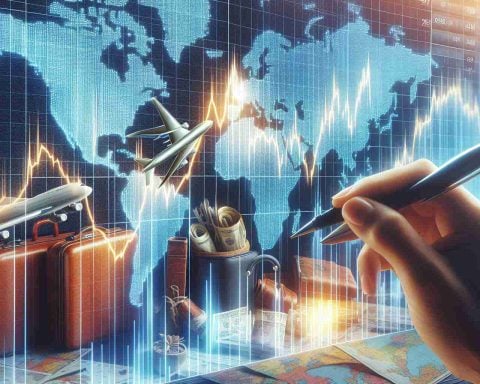 A high-definition, realistic image visualizing a significant shift happening for a stock of an unspecified company in the travel industry. Show a graph with fluctuating stock market prices, with a noticeable sharp trend change. Include elements representing the travel industry, like airplanes, luggage, or world maps in the background.