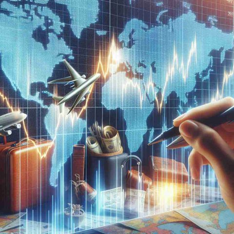 A high-definition, realistic image visualizing a significant shift happening for a stock of an unspecified company in the travel industry. Show a graph with fluctuating stock market prices, with a noticeable sharp trend change. Include elements representing the travel industry, like airplanes, luggage, or world maps in the background.