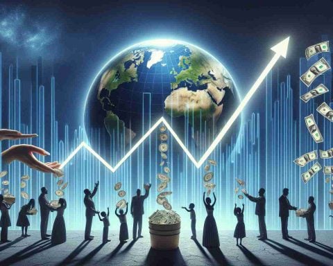 Create a realistic HD image depicting a graph showing a dramatic stock surge. The scene should also represent its influence on charitable giving. Ideas to consider: an upward trending line graph superimposed on a globe, signifying global influence; dollar bills or coins flowing out of the graph into donation boxes or hands of different descents; abstract representation of people (Hispanic woman, Caucasian man, South Asian child) happily receiving benefits.