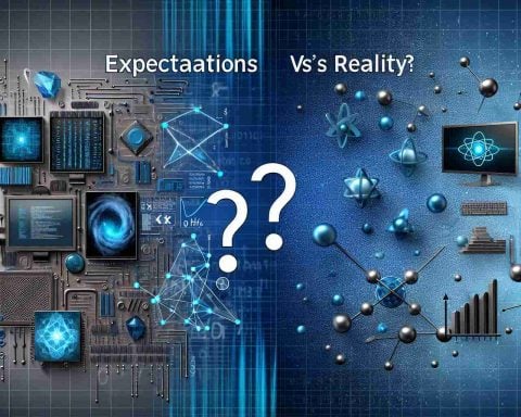 Create a high-definition, realistic image that represents the concept of a 'Quantum Revolution: Expectations vs Reality'. It should depict two sides - one showing the sophisticated, cutting-edge technology associated with quantum computing and quantum physics, symbolizing people's high expectations. On the other side, it should depict the current reality of quantum technology's state, perhaps less polished and still in developmental stages. Incorporate a question mark design in the background to ask the critical question: 'Are We Ready?'