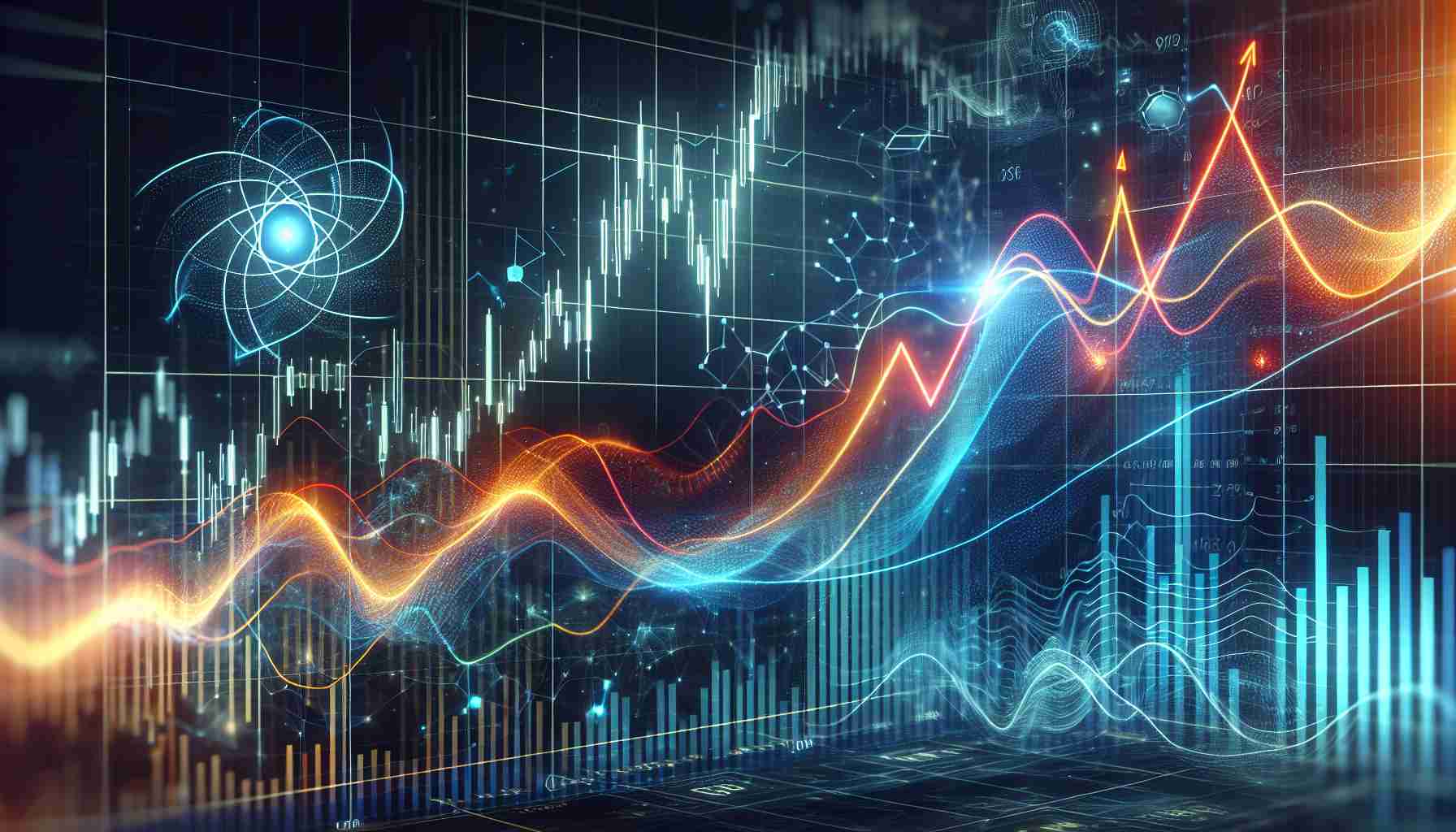 Create a realistic, high-definition image of a conceptual representation of a 'Quantum Leap' in the stock market. This could include a vibrant, dynamic line on a stock chart soaring upwards, indicating a significant rise in the value of shares. To reinforce the 'quantum' theme, incorporate subtle hints of quantum physics concepts, like quantum particles or waveform symbols, creatively woven into background or details of the stock market chart.