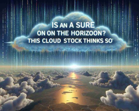 Detailed and realistic high-definition image of a symbolic representation of an approaching AI surge. The scene is set with an intriguing horizon view, and the sky filled with coded clouds, symbolizing a cloud stock. The phrase 'Is an AI Surge on the Horizon? This Cloud Stock Thinks So' written in an attractive elegant font, hovering above the horizon on the sky.