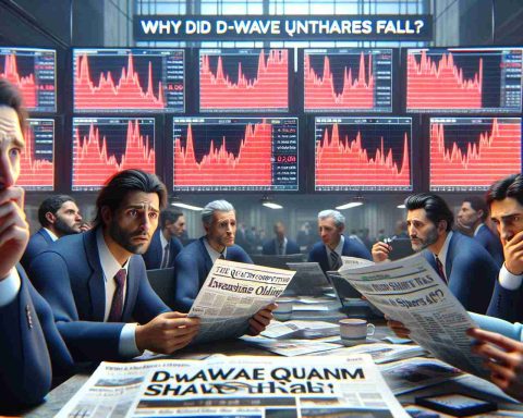 A high-definition, realistic image of a hypothetical Wall Street scene where traders are reacting to the falling shares of a fictional quantum computing company called D-Wave. The traders have concerned expressions on their faces as they gaze at screens displaying red plunging graphs. Newspapers lying around have headlines stating 'Why Did D-Wave Quantum Shares Fall?' The atmosphere is tense and there's a sense of urgency, indicating a critical moment in the financial world.