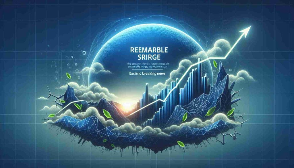 Generate a high-definition, realistic artwork of a concept representing a significant premarket surge related to renewable energy shares. This can be represented by a line graph with a steep climb, text headlines containing exciting breaking news about the renewable energy market, and perhaps an optimistic sunrise in the background to link with the concept of solar power, which is Enphase's business. Please keep the styling modern and clear.