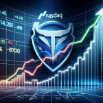 Realistically detailed image depicting the concept of a stock market surge. The focal point should be a rising graph, showcasing an upward trend, symbolizing a bull market. The background should feature the emblematic logo of Nasdaq, spotlighting two distinct shares represented by different color lines. Depict these lines surging higher on the graph, representing high potential stocks. Please keep all aspects and elements of the image in high definition.