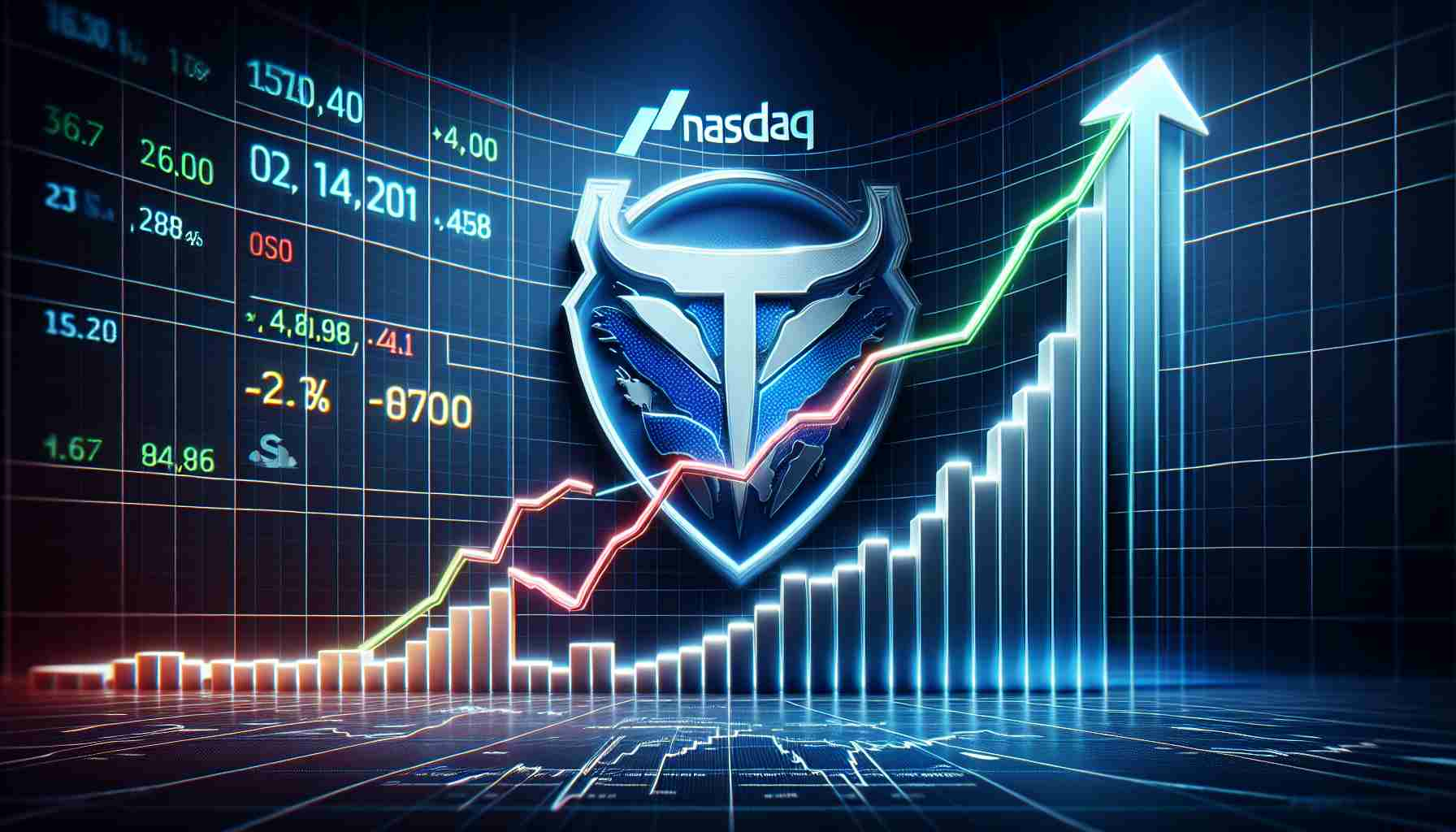 Realistically detailed image depicting the concept of a stock market surge. The focal point should be a rising graph, showcasing an upward trend, symbolizing a bull market. The background should feature the emblematic logo of Nasdaq, spotlighting two distinct shares represented by different color lines. Depict these lines surging higher on the graph, representing high potential stocks. Please keep all aspects and elements of the image in high definition.