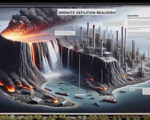 Generate a high definition, realistic image of an imposing geothermal energy field located in a critical situation, perhaps due to environmental conditions or technological issues. Adjacent to this spectacle, illustrate a side panel that unveils insightful data, solutions, and recommendations concerning the crisis faced by these geothermal giants.