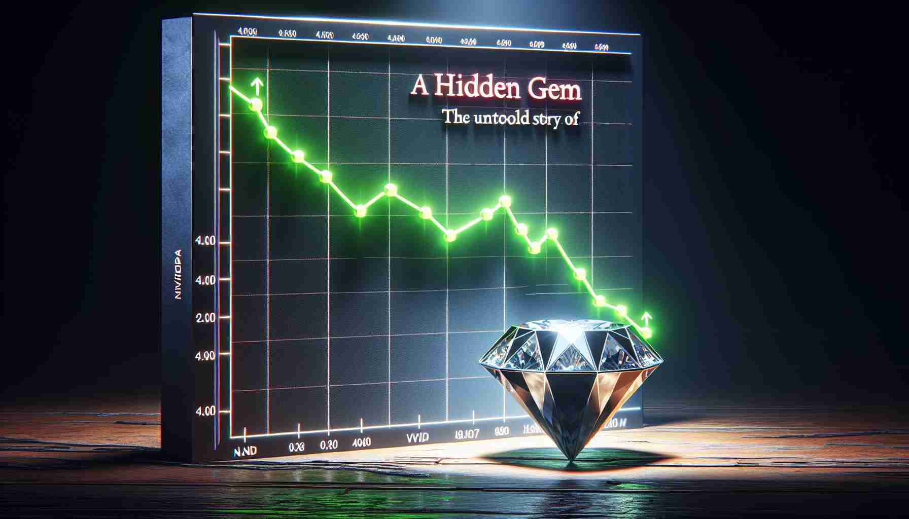 A high-definition, realistic image displaying a simplification of the concept that a slump in Nvidia's stock being beneficial. This image should portray a downturn on a stock market graph (representing the slump), with a gleaming gem hidden beneath the descending line as a symbol of undisclosed potential advantages. Use visually appealing text to overlay the title: 'The Untold Story of a Hidden Gem'.