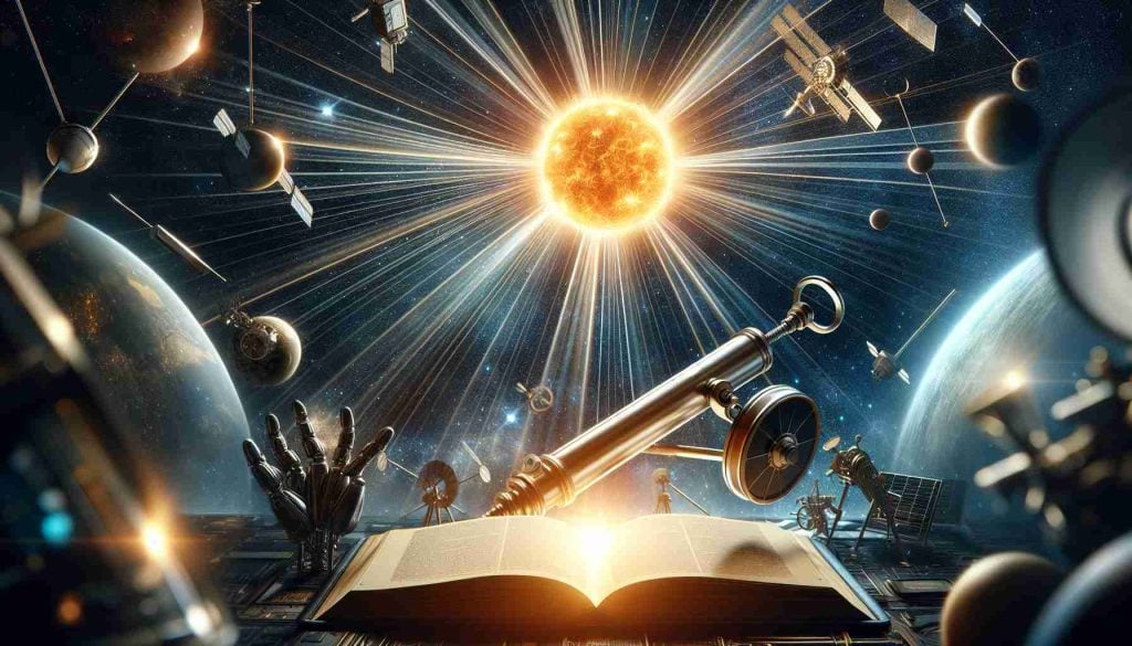 A realistic, high-definition image of space with the radiating sun in focus. Astronomers' tools are subtly represented in the background, symbolizing the persistent exploration of solar-powered possibilities. The scene is imbued with a sense of revolution, illustrating the bright future of energy production. There's an emphasis on a futuristic technology that beams energy, showcasing the continuous advancements in the field of solar energy.