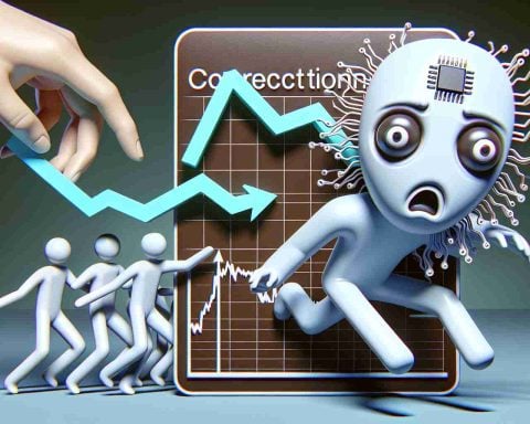 Detailed high-definition representation of an abstract concept depicting the falling trend in the market for a front-runner in AI chip production. This includes symbolic references, such as a graph representing 'correction territory', a vague entity looking frustrated and startled, symbolizing the 'surprising slump', and a stylized logo (not any real-world logo), hinting at the AI chip leader.