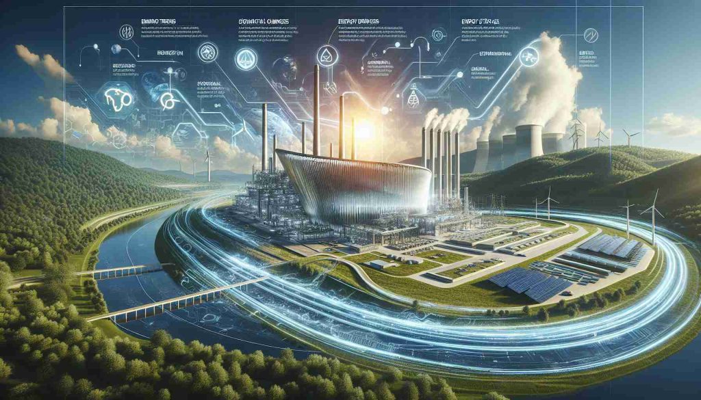 Generate a hyper-realistic image depicting the concept of significant changes ahead for a hypothetical energy company. Illustrate this with a large futuristic facility amid a natural landscape, gleaming under bright sunlight. In the foreground, a dynamic, fact-filled infographic outlines emerging trends and key drivers propelling the energy market, including renewable power sources, energy storage technology, and environmental impacts.