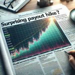 A photorealistic image entitled 'Surprising Payout Hike!' The image depicts a stock market chart that has significantly risen against expectations, suggesting a substantial payout increase. The chart is positioned on a financial newspaper page, alongside articles and financial data. The headline of one of these articles reads 'Should Investors Be Cautious?' thereby hinting at potential risks associated with sudden financial windfalls. In the background, there's a cup of coffee and a pair of glasses, suggesting an early morning read by an investor.
