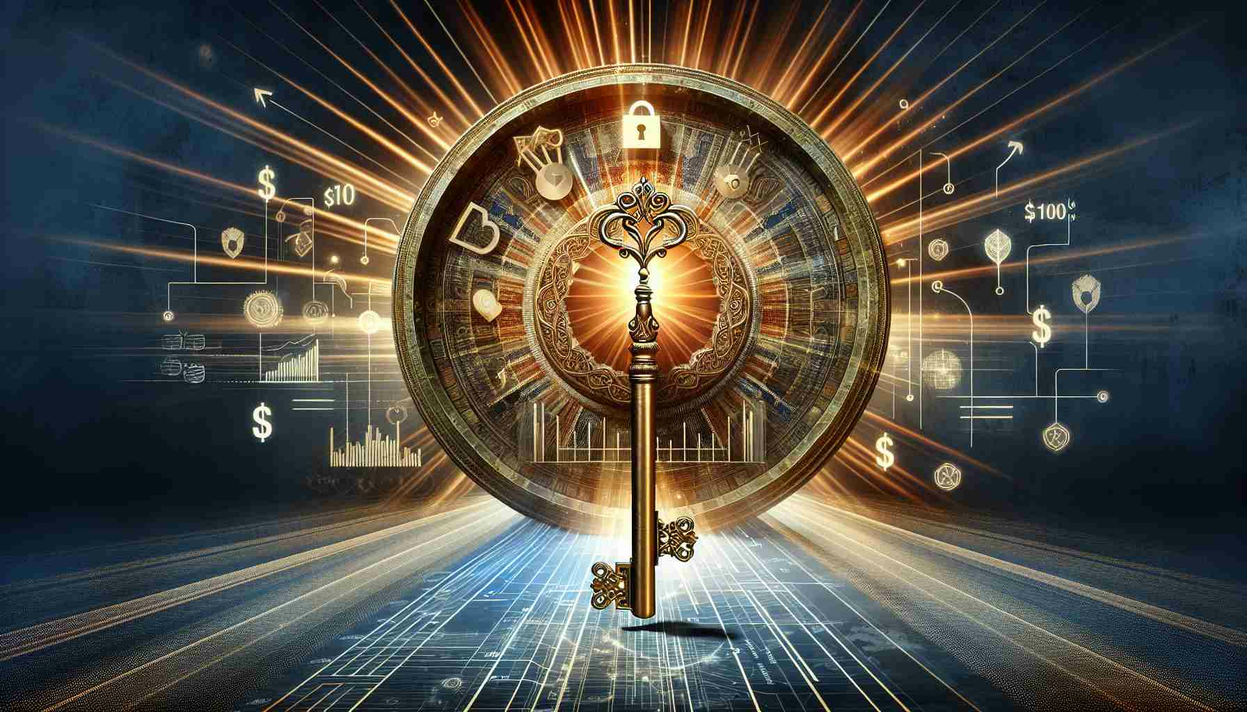 Visual concept of a metaphor called 'Unlocking the Future', where we see a symbolic representation of progression involving a large intricate key and an ornate golden lock set against the beams of a rising sun. Surrounding the image are financial symbols and graphics, celebrating a significant accomplishment of raising $10 million. Please depict a captivating and realistic digital image with High Definition quality.