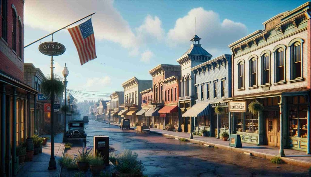 Create a realistic and high definition image of a tranquil small American town. The main street is filled with charming buildings displaying welcoming storefronts. It's a bright morning with clear skies. The town embodies the essence of peace, but there is an undercurrent of uncertainty suggestive of a threat. The signs of peril can be subtle, like a shadow looming in the distance or a newspaper headline about the crisis. Capturing the resilience and spirit of such a town is crucial, akin to the beating heart of America pushing against challenging times.