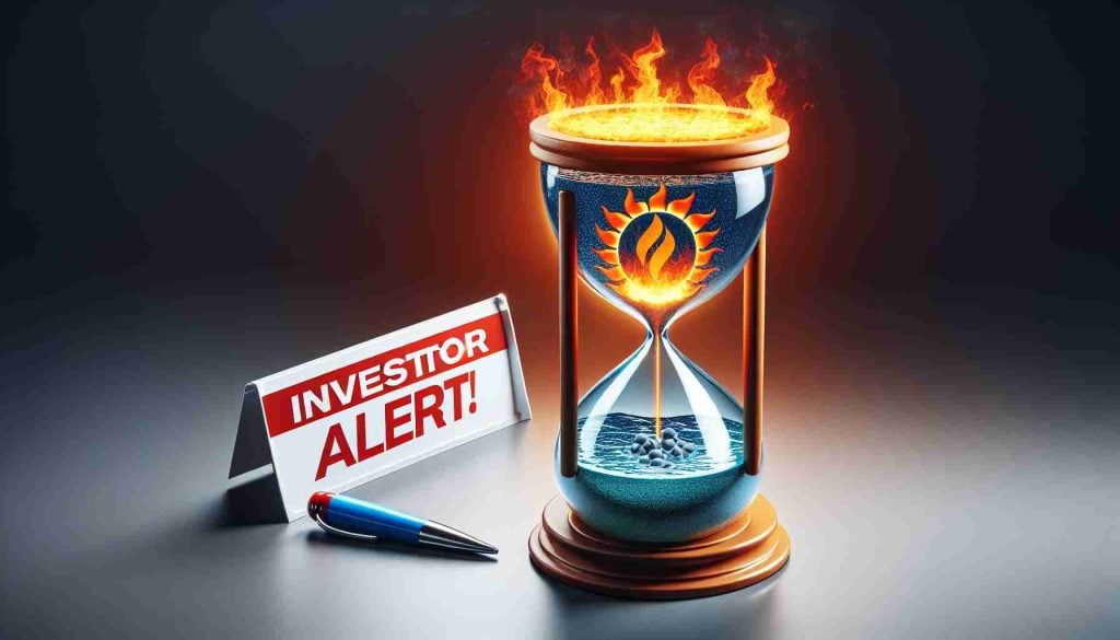 An HD photo showing a symbolic representation of the company 'Enphase Energy' in crisis. Illustrate this via an hourglass with the top part representing the company's logo and the bottom filled with hot, boiling water. Include a headline banner at the top of the image reading 'Investor Alert!' in bold red letters, expressing urgency and caution.