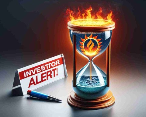 An HD photo showing a symbolic representation of the company 'Enphase Energy' in crisis. Illustrate this via an hourglass with the top part representing the company's logo and the bottom filled with hot, boiling water. Include a headline banner at the top of the image reading 'Investor Alert!' in bold red letters, expressing urgency and caution.