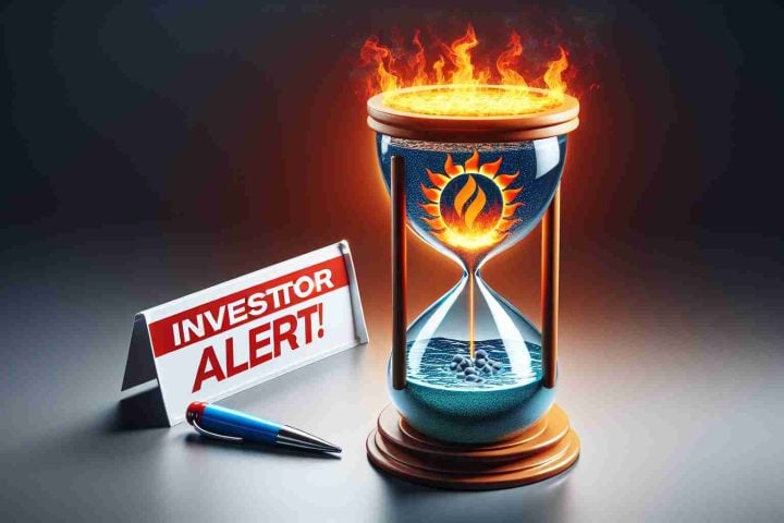 An HD photo showing a symbolic representation of the company 'Enphase Energy' in crisis. Illustrate this via an hourglass with the top part representing the company's logo and the bottom filled with hot, boiling water. Include a headline banner at the top of the image reading 'Investor Alert!' in bold red letters, expressing urgency and caution.