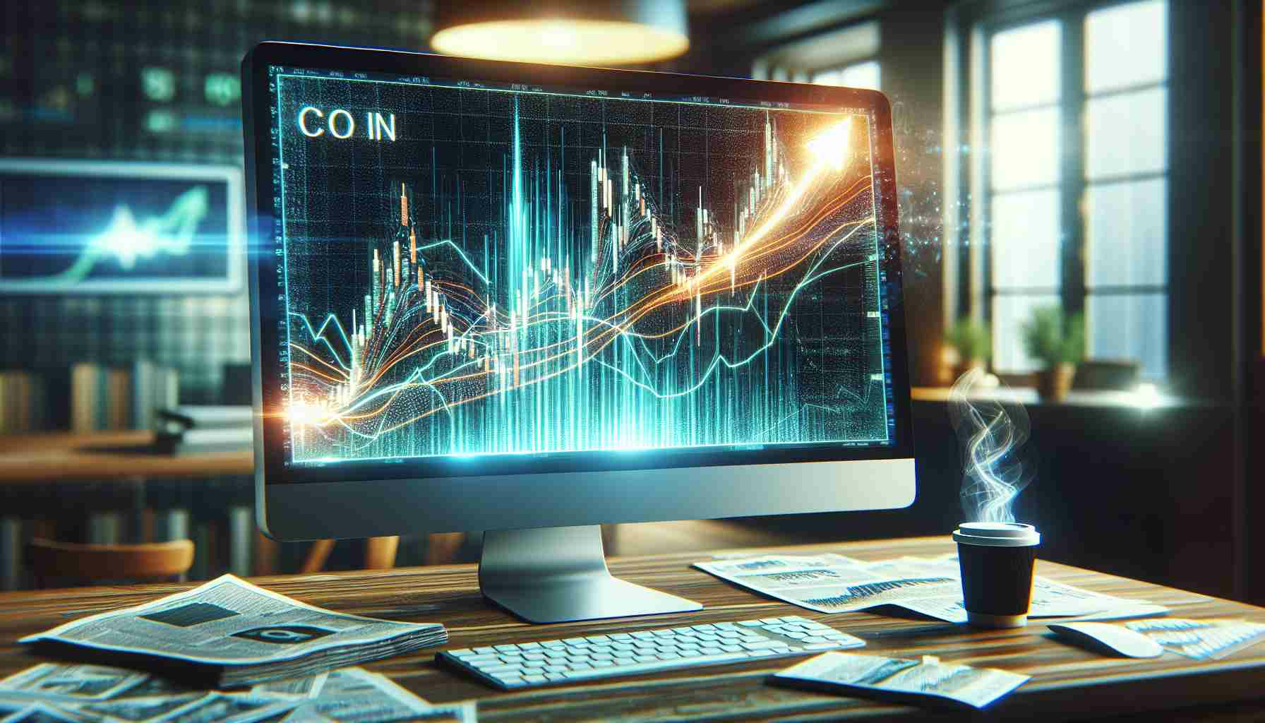 Create a hyperrealistic high definition image showing a computer screen where the focal point is a glowing financial chart tracking the performance of a recent hot topic in the stock market: a stock labeled 'C O I N'. The chart moves upward, symbolizing the positive buzz and potential growth around this stock. The background presents a modern office setup with scattered financial newspapers and hot coffee, creating a lively atmosphere of stock trading.