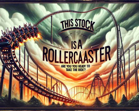 An attention-grabbing high-definition image that symbolizes a rollercoaster to represent the volatility and excitement of the stock market. The rollercoaster is on a thrilling part of the ride, full of highs and lows, with a dramatic sky in the background capturing the essence of risk and potential reward. The words 'This Stock Is a Rollercoaster! Are You Ready to Take the Ride?' are prominently featured in artistic typography.