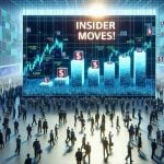 High-definition, realistic image of a metaphorical concept where stocks, represented as physical objects with a label of 'Coinbase', are being moved or traded in a busy market environment indicating a big sale. The setting can include a variety of people of assorted genders and descents bustling around conveying the intensity of the sale. Visualize the text 'Insider Moves!' in a bold, impactful font against a fitting background within the scene.