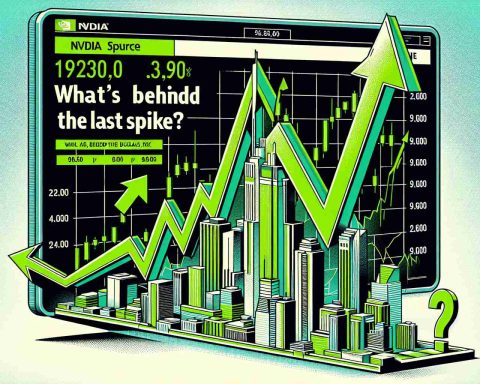 An illustrative representation of NVIDIA stock price surge. There is a chart with increasing trend lines, green arrows and numbers indicating the bullish market. The background consists of a modern cityscape with skyscrapers. Bold, eye-catching text overlay reads 'What's Behind the Latest Spike?'