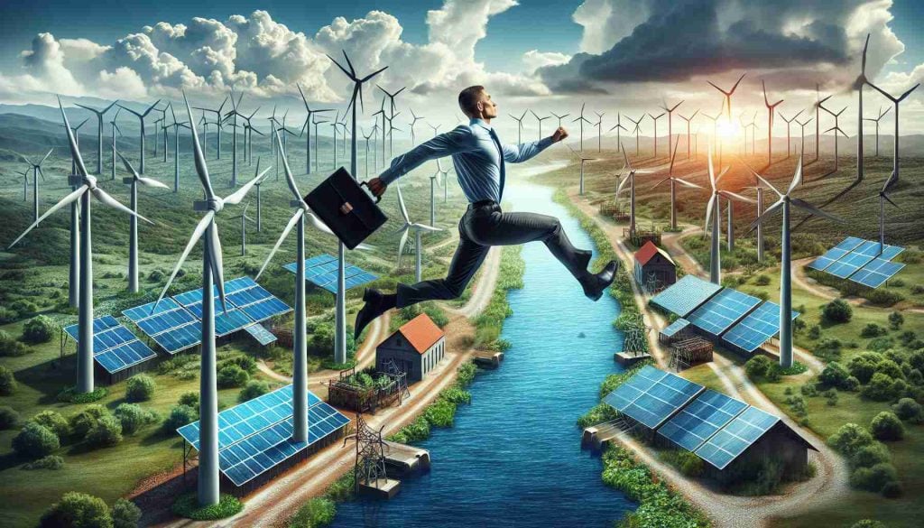 Realistic HD photo of a renewable energy company's bold leap! Is this a game-changer in sustainable investments? Depict a landscape of renewable energy sources such as wind turbines, solar panels, and hydroelectric dams, embodying a powerful shift towards environmentally friendly practices.