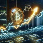 A photorealistic image in high definition showcasing a rise in stock market trends with graphs pointing upwards and tickers displaying positive figures. In the same scene, display a glowing Bitcoin symbol breaking through a boundary or maximum limit line on a chart, indicating record-breaking performance.