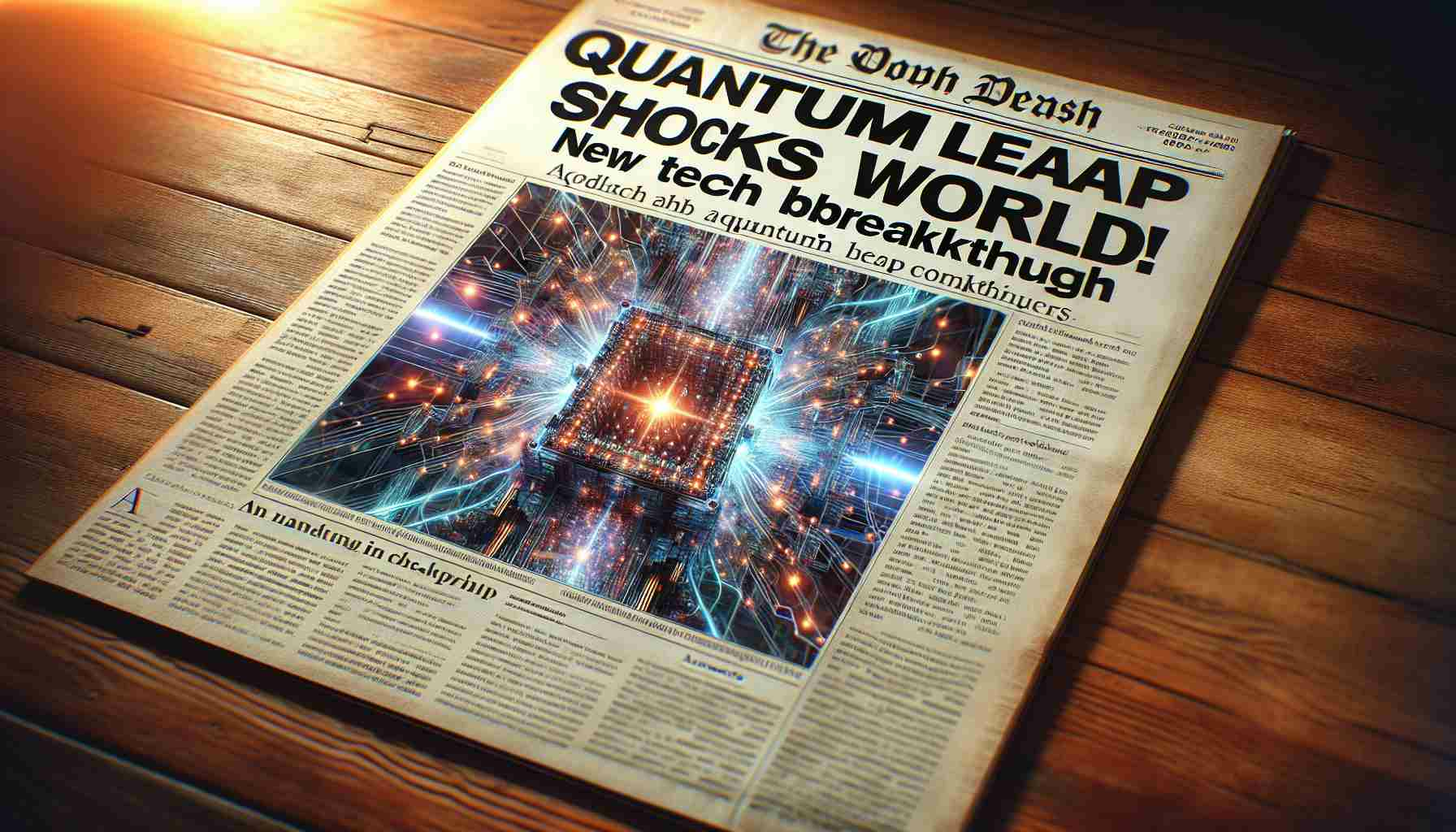 Create a vivid and high-definition image depicting the headline 'Quantum Leap Shocks World! New Tech Breakthrough.' The scene should show a newspaper article with the headline in bold, large print. Additionally, accompany the headline with an image of an intricate quantum computer, filled with glowing lights and complex circuits. The imagery should evoke a sense of advanced technology and scientific accomplishment. Please remain abstract and avoid any direct logos or trademarks.