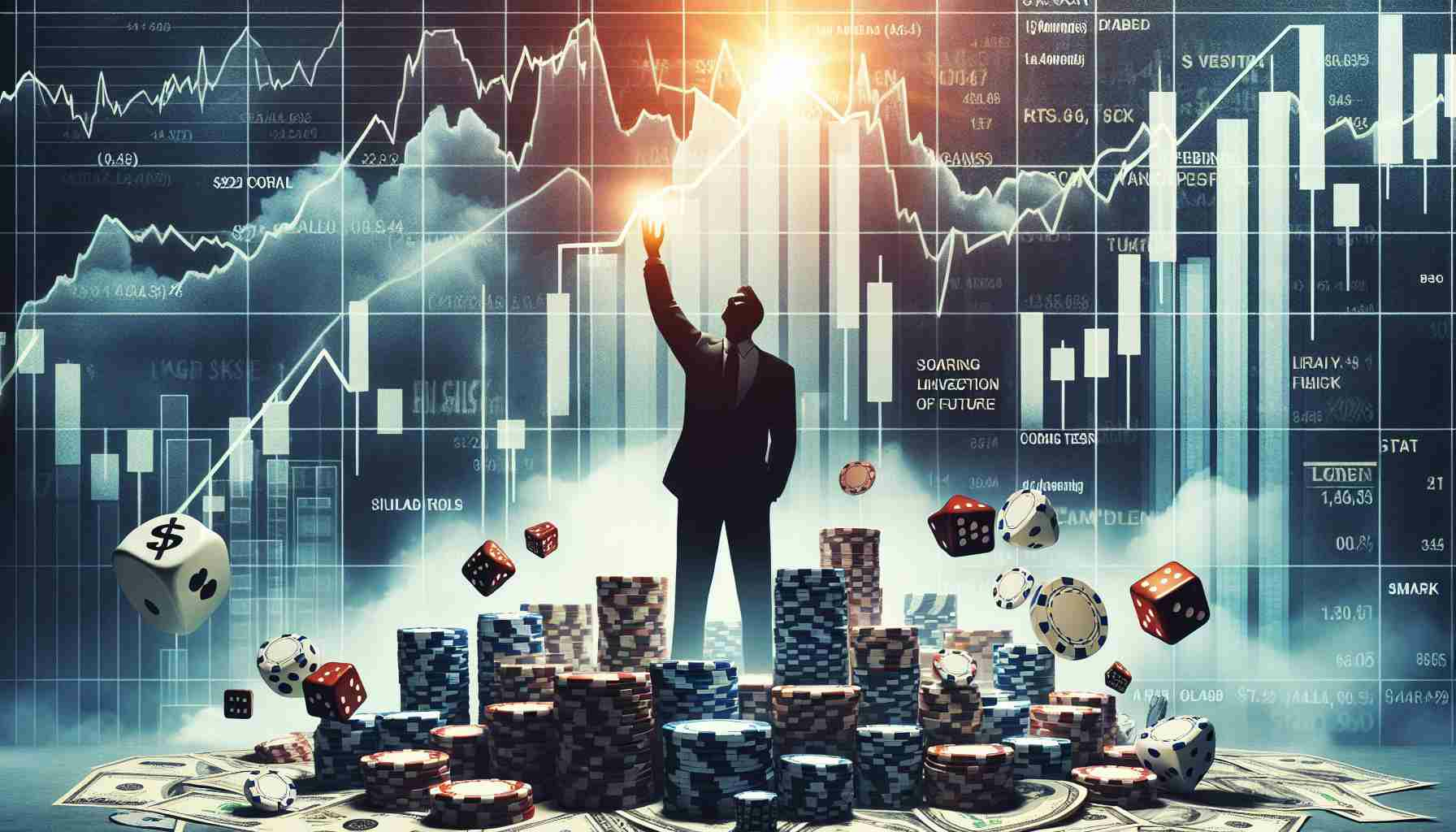 Realistic high definition image of a metaphorical scenario representing 'Big Moves on Wall Street'. A silhouette of an influential businessman, betting heavily on future growth. The scene is filled with symbolic elements such as soaring graphs, chips piled high, and enormous dices rolling. Note, this is not about any specific individual but rather embodies the spirit of investment and risk-taking on Wall Street.
