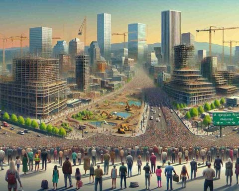 Generate a detailed HD image that portrays transformation in a city. Visualize this change with structures like new skyscrapers, renovated parks, and modern infrastructure. The image could also include signs or billboards referencing the huge monetary investment being made. In the crowd, show different groups of people, such as construction workers, business people, residents, both young and old, representing various descents like Caucasian, Middle-Eastern, Hispanic, and South Asian, to hint at the question of who's benefiting from these changes. The city should resemble Portland.