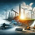 A high-definition, realistic image that illustrates the unexpected transition to renewable energy by an anonymous corporate company. Display a metaphorical representation of this bold move, such as the company logo moving from a depiction of fossil fuels, like an oil rig or a coal mine, to cleaner sources like solar panels or wind turbines.