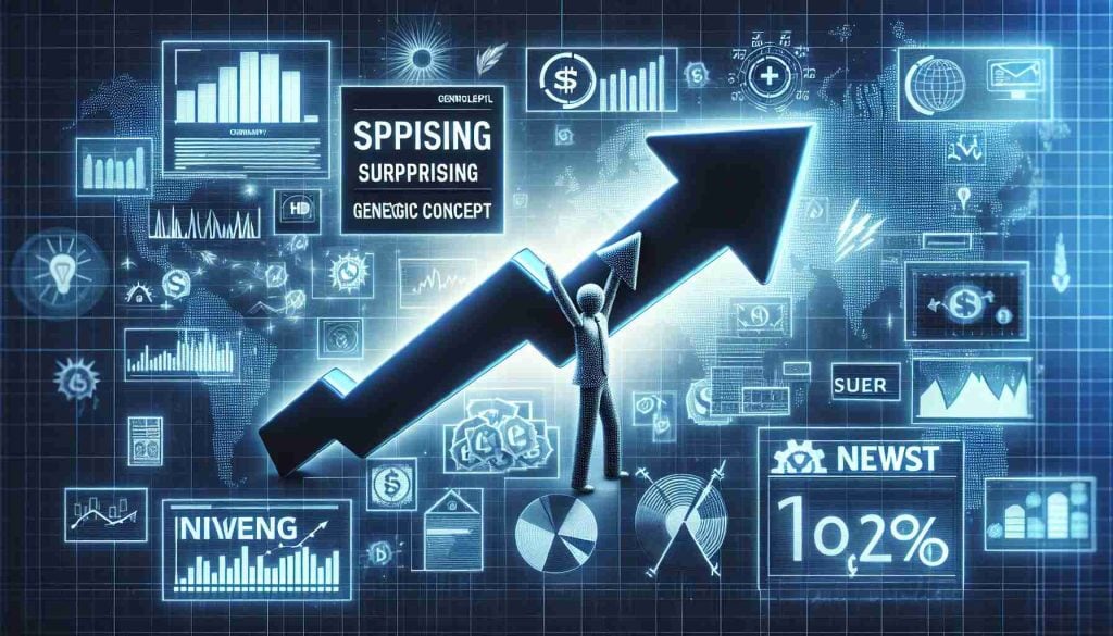 Generate a realistic HD representation of a financial concept, symbolizing the surprising surge of a generic renewable energy company. Display indicators of positive momentum, like graphs trending upwards, news headlines with positive sentiment, and symbols of investment and profit.